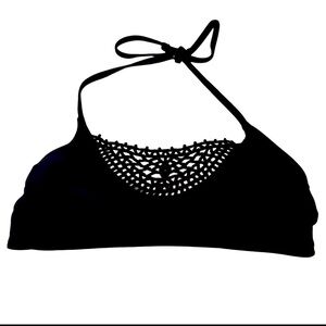 Women’s NWOT Xhiliration Black Halter Bikini Top with Crochet Detail, Medium